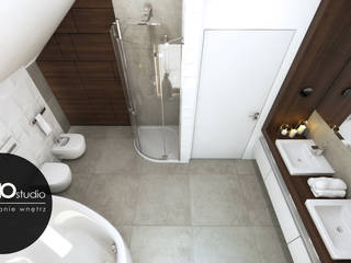 Nowoczesne zestawienie zimnej szarości z ciepłym drewnem w przytulnej łazience., MONOstudio MONOstudio Modern style bathrooms Wood-Plastic Composite