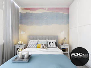 ​Przytulna sypialnia z wykorzystaniem tapety w kolorze jako główny element dekoracyjny, MONOstudio MONOstudio Quartos modernos Têxtil Ambar/dourado