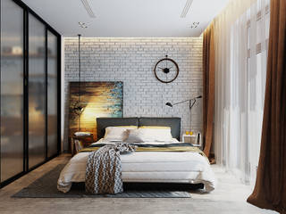 Спальня с элементами лофта и яркими акцентами, Solo Design Studio Solo Design Studio Quartos industriais Tijolo Branco