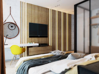 Спальня с элементами лофта и яркими акцентами, Solo Design Studio Solo Design Studio Industriale Schlafzimmer Holz Weiß