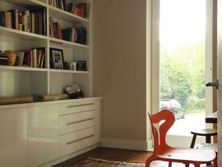 The Study featuring Parquet Floor and Full Height Glazing ArchitectureLIVE Modern Çalışma Odası tall window,orange chair,parquet flooring,persian rug