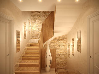 Дизайн лестницы в современном стиле в коттеджном поселке "Бавария", Студия интерьерного дизайна happy.design Студия интерьерного дизайна happy.design Modern corridor, hallway & stairs