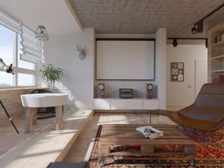 Проект квартиры в стиле эклектичного минимализма, Mebius Group Mebius Group Ruang Keluarga Gaya Eklektik
