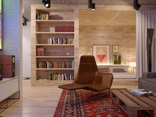 Проект квартиры в стиле эклектичного минимализма, Mebius Group Mebius Group Ruang Keluarga Gaya Eklektik