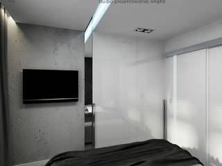 INVENTIVE INTERIORS - Męskie mieszkanie b&w, Inventive Interiors Inventive Interiors ミニマルスタイルの 寝室 コンクリート