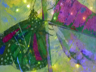 Grüner Schmetterling - LED Leuchtbild, Originalgemälde auf Leinwand mit LEDs, 40x40cm, Acrylmalerei, grün, gelb, Collage, Lichtgebilde Lichtgebilde Otros espacios