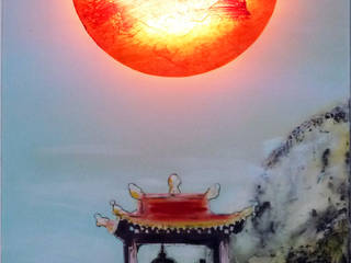 Tibetische Glocke - LED Leuchtbild, Originalgemälde auf Leinwand mit LEDs, 100x50cm, Acrylmalerei, Tibet, Buddhismus, Sonne, Berg, Collage, Lichtgebilde Lichtgebilde Other spaces