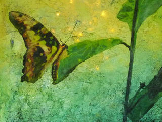 Schmetterling - LED Leuchtbild, Originalgemälde auf Leinwand mit LEDs, LED Wanddeko, Acrylmalerei, grün, gelb, Sommer, Lichtgebilde Lichtgebilde Otros espacios