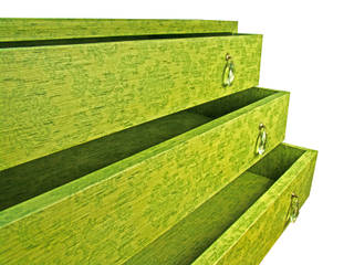 Canterano, comò verde rivestito con carta da parati in tessuto anni 70, OBGETTI OBGETTI Eclectic style corridor, hallway & stairs Wood Wood effect