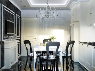 Ар-деко в черно-белых тонах для кухни столовой , Студия дизайна ROMANIUK DESIGN Студия дизайна ROMANIUK DESIGN ห้องครัว