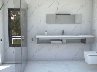 UNA CASA EN H REVESTIDA DE PIEDRA, NUÑO ARQUITECTURA NUÑO ARQUITECTURA Modern bathroom Quartz White