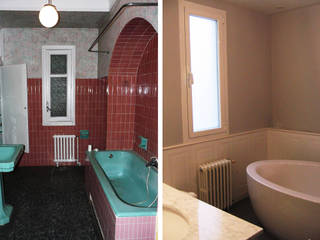 Vista del baño principal antes y después de la reforma. CPETC Baños de estilo moderno