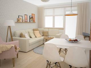 Projekt kuchni i salonu, OES architekci OES architekci Scandinavian style living room Wood White