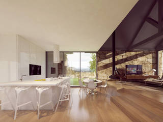 3d interior - cozinha, sala de jantar e estar Davide Domingues Arquitecto Cozinhas rústicas Mesa,Mobiliário,Construção,Madeira,Cadeira,Design de interiores,Pisos,Sombra,Janela,Piso