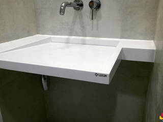 Umywalka z odpływem liniowym w nietypowym kształcie, Luxum Luxum Nowoczesna łazienka