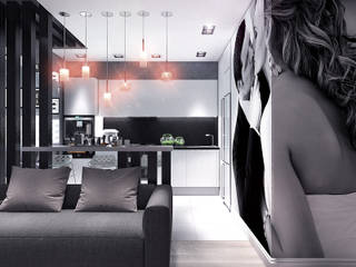 Кухня-гостиная в контрастных черно белых тонах, Your royal design Your royal design ミニマルデザインの キッチン 灰色