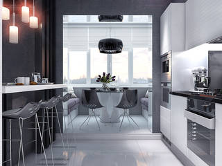 Кухня-гостиная в контрастных черно белых тонах, Your royal design Your royal design Minimalistische Küchen Weiß