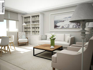 Mieszkanie inspirowane stylem Hampton, DelaBartman DelaBartman Salas de estar ecléticas Madeira maciça Multicolor