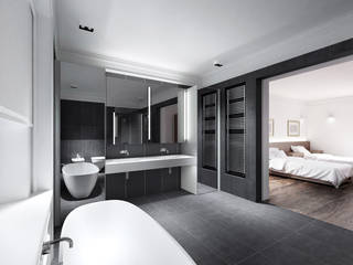 ​House in Notting Hill by Recent Spaces Recent Spaces Modern bathroom Slate slate,tiles,bath,sink,niche,towel rail,bedroom