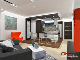 Diseño interior de sala y cocina, om-a arquitectura y diseño om-a arquitectura y diseño Nhà bếp phong cách tối giản