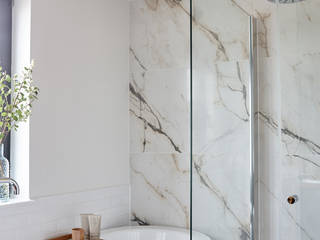 Gloucester Road Penthouse Bhavin Taylor Design Ванна кімната bathroom,master bathroom,bath tub,walk-in shower,shower head,tiles,marble tiles