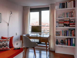 Gloucester Road Penthouse Bhavin Taylor Design Modern Study Room and Home Office bedroom,home office,study,desk,midcentury,chair,sofabed,wallpaper,pattern,walnut flooring,custom-made shelves,curtains