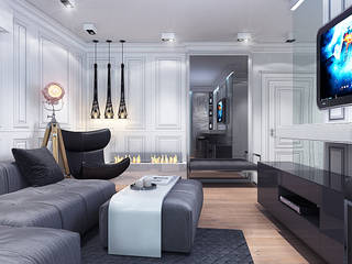Studio. The kitchen and living room, Your royal design Your royal design Ausgefallene Wohnzimmer Grau