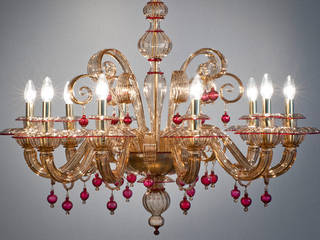 Murano Glass Chandelier - classic ruby details fumé glass chandelier - MANIN, YourMurano Lighting UK YourMurano Lighting UK 臥室