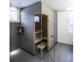 Sauna gerken.architekten+ingenieure Moderne Badezimmer Sauna,graue Verkleidung,graue Fliesen,Bad,Übereckverglasung,kleine Sauna