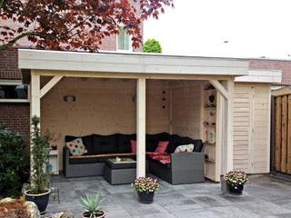 Gazebo with intergrated garden store Garden Affairs Ltd Classic style garden Wood Wood effect gazebo,garden store,veranda,outdoor seating,shelter,woodstore,practical,store,quality,flat roof,bike store