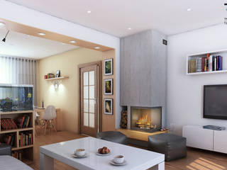 Minimalistyczna strefa dzienna w starej kamienicy, RESE Architekci Biuro Projektowe RESE Architekci Biuro Projektowe Minimalist living room Concrete