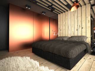 Projekt sypialni z elementami drewna i miedzi, OES architekci OES architekci Modern style bedroom Copper/Bronze/Brass Brown