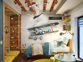 Детская комната в стиле авиа для юного летчика, Студия дизайна ROMANIUK DESIGN Студия дизайна ROMANIUK DESIGN Dormitorios infantiles industriales