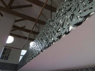 Laser cut screens - Spiral staircase and mezzanine apron., miles and lincoln miles and lincoln 모던스타일 복도, 현관 & 계단