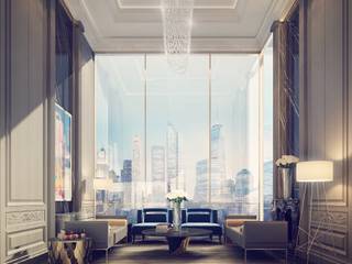 Penthouse Sitting Room Design, IONS DESIGN IONS DESIGN Moderne Wohnzimmer Marmor Mehrfarbig