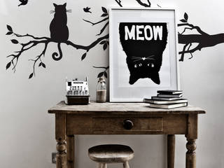 Meow Pixers Oficinas wall mural,wallpaper,cat,tree,nature,leafs,drawing,black