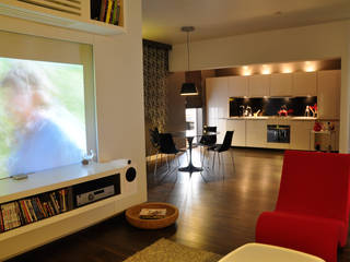 Living room towards kitchen Synectics partners Minimalist dining room Engineered Wood Brown