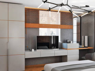 Деревянные вливания в спальню "черно-белое кино", Студия дизайна ROMANIUK DESIGN Студия дизайна ROMANIUK DESIGN Minimalist bedroom Wood Wood effect