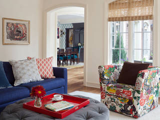 Cherry Creek Traditional with a Twist, Andrea Schumacher Interiors Andrea Schumacher Interiors Media room sofa,throw pillows,tilted ottoman,upholstered swivel chairs,natural fiber shades,tray,'