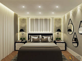 Quarto de casal - Projeto de apartamento compacto, Lucas Garcia Bonini - Designer de Interiores Lucas Garcia Bonini - Designer de Interiores Modern style bedroom
