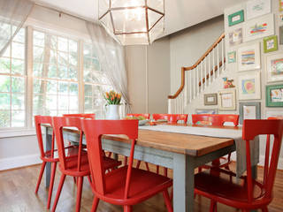 Modern Farmhouse Dining Room Larina Kase Interior Design Modern Dining Room Solid Wood Grey reclaimed wood table,farmhouse table,red chairs,red dining chairs,eclectic dining space