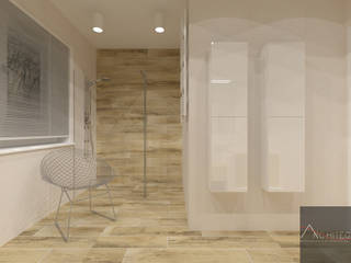 Jasna łazienka z płytkami drewnopodobnym, Architega Sp. z o.o. Architega Sp. z o.o. Minimalist style bathrooms Ceramic