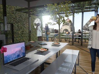 Comedor Terraza en el Nuevo Edificio Timberland, Arquitectos M253 Arquitectos M253 بلكونة أو شرفة