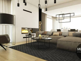 Jasne, przestrzenne wnętrze domu z czarnym akcentem, MONOstudio MONOstudio Scandinavian style living room