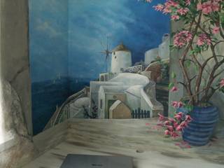 Роспись стен лоджии "Санторини", искусственный камень, декоративная штукатурка., Художественная мастерская "Оникс" Художественная мастерская 'Оникс' Mediterrane studeerkamer