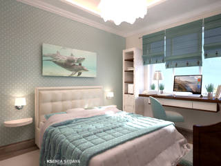 Дизайн морского интерьера трехкомнатной квартиры, Студия Ксении Седой Студия Ксении Седой Eclectic style bedroom