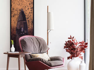 Modern New Home in Hampstead - Reading corner Black and Milk | Interior Design | London Modern living room armchair,floor lamp,side table,walnut,art,Sofas & armchairs