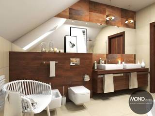 Ciepła, elegancka łazienka z dominacją drewna, MONOstudio MONOstudio Baños modernos