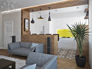 Кухня, объединенная с гостиной , Olesya Parkhomenko Olesya Parkhomenko Modern living room لکڑی Wood effect