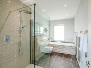 Treasure House, Polzeath | Cornwall, Perfect Stays Perfect Stays Rustic style bathroom Bathroom,walk in shower,rustic wood,bath,double ended bath,tiles,shower,overhead shower,wall hung toilet,wall hung basin,holiday home,beach house